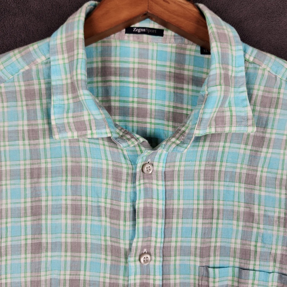 Zegna Sport Shirt Mens XL Blue Gray Green Plaid Linen Short Sleeve Button Up